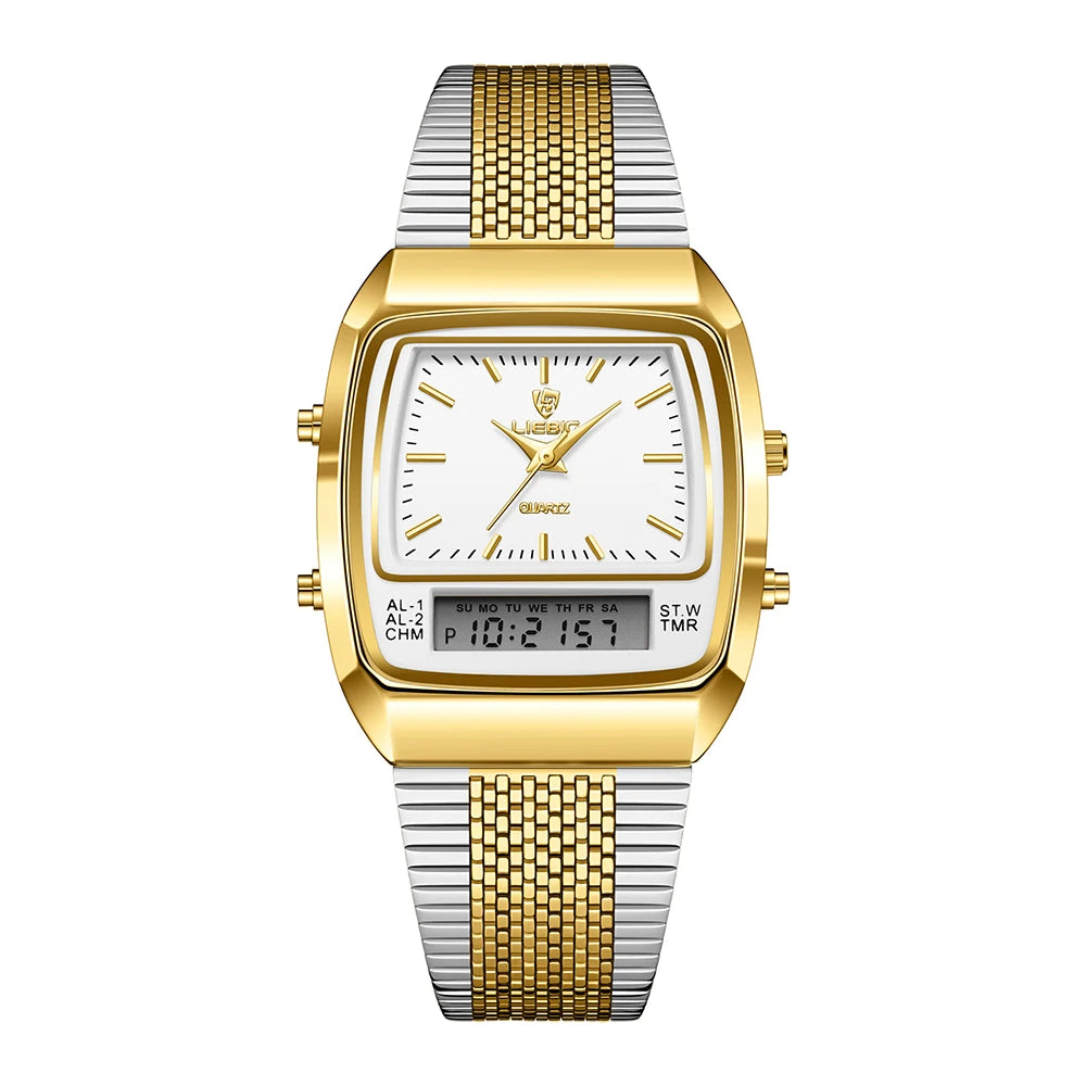 LIEBIG Luxury Dual Display Time Quartz Watches For Men Women Fashion Outdoor Sports Week Waterproof Digital Wristwatches Relojes