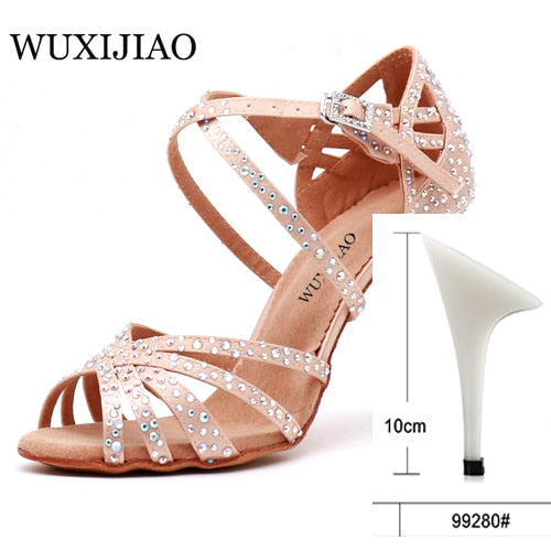 WUXIJIAO Women Party Dance Shoes Satin Shining rhinestones Soft Bottom Latin Dance Shoes Woman Salsa Dance Shoes heel5CM-10CM