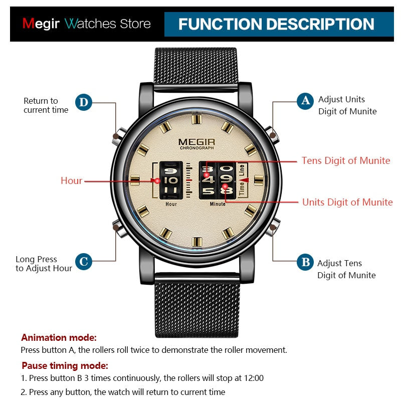 MEGIR 2020 New Luxury Watches Men Military Sport Roller Pointer Quartz Watch Man Fashion Stainless Steel Mesh Strap Wristwatch
