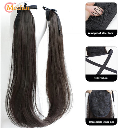 MEIFAN Synthetic Long Wavy Curly Ponytail for Women Ribbon Drawstring Tied to Hair Tail Hair Extension Natural Fake Hairpiece