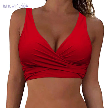 Women's new solid bikini top with Bandage shoulder straps cross small design adjustable shoulder straps fashion swimming top