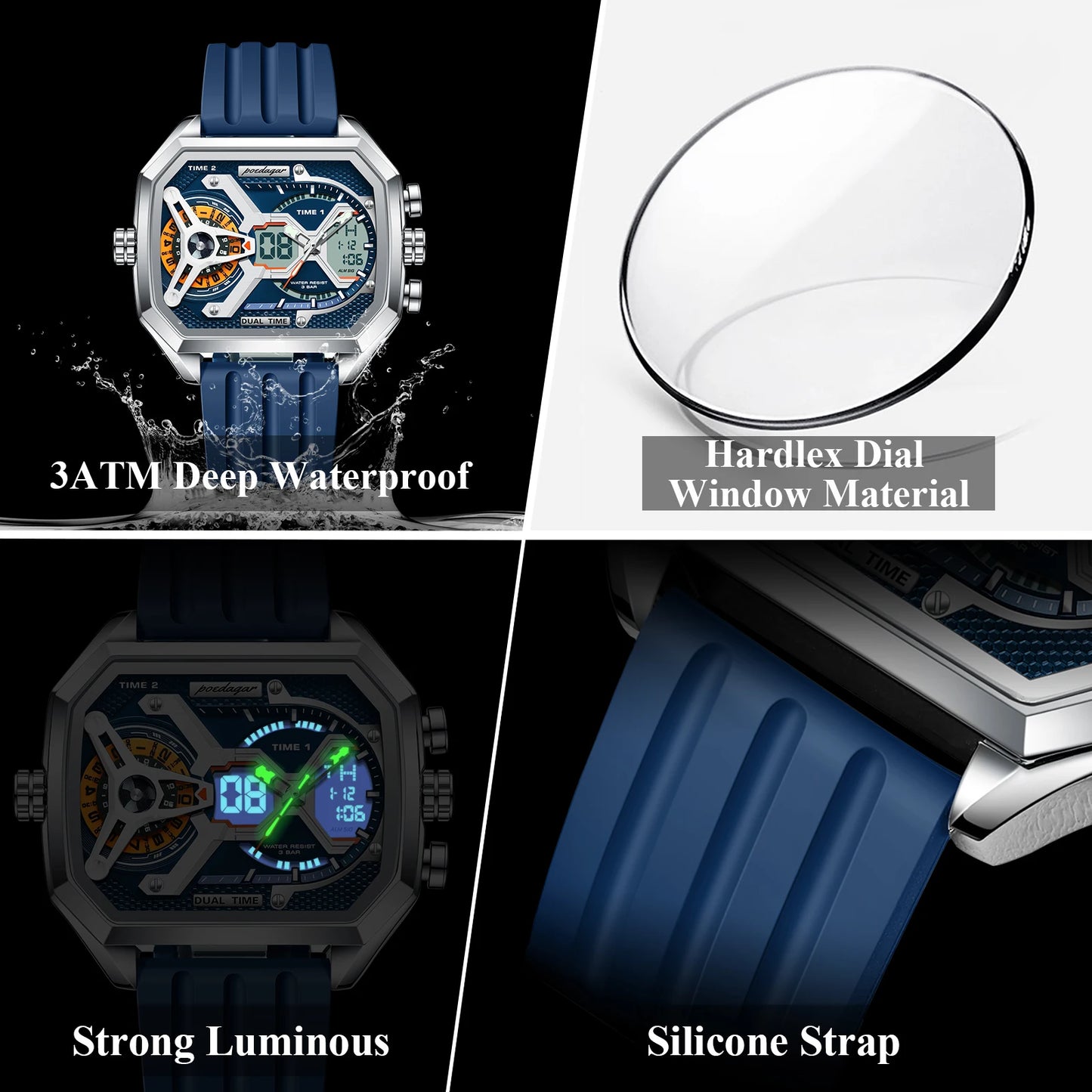 POEDAGAR Top Luxury Men Clock LED Calendar Week Luminous Man Wristwatch Electronic Rectangle Silicone Strap Quartz Men's Watches