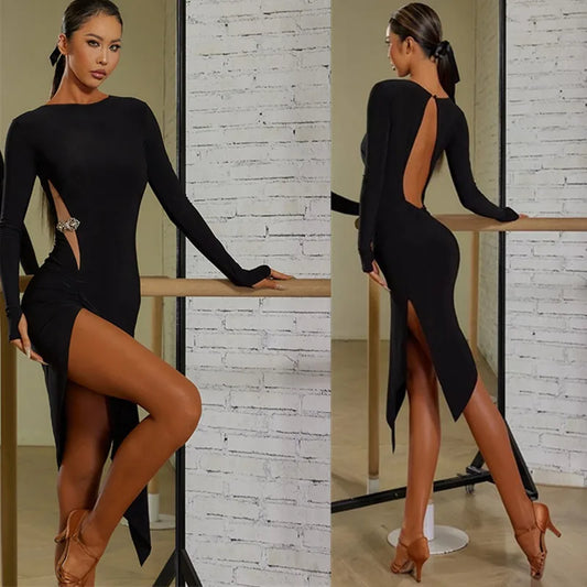 Latin  Dance Dress latin dress black Tango Dress Rumba ChaCha fringe latin dresses woman back cut out
