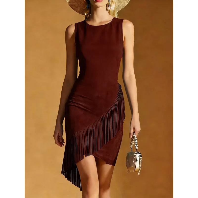 Sexy Tassel Temperament Dresses Fashion Round Neck Sleeveless Irregular Mini Dress Summer West Self-Cultivation Commuter Dress