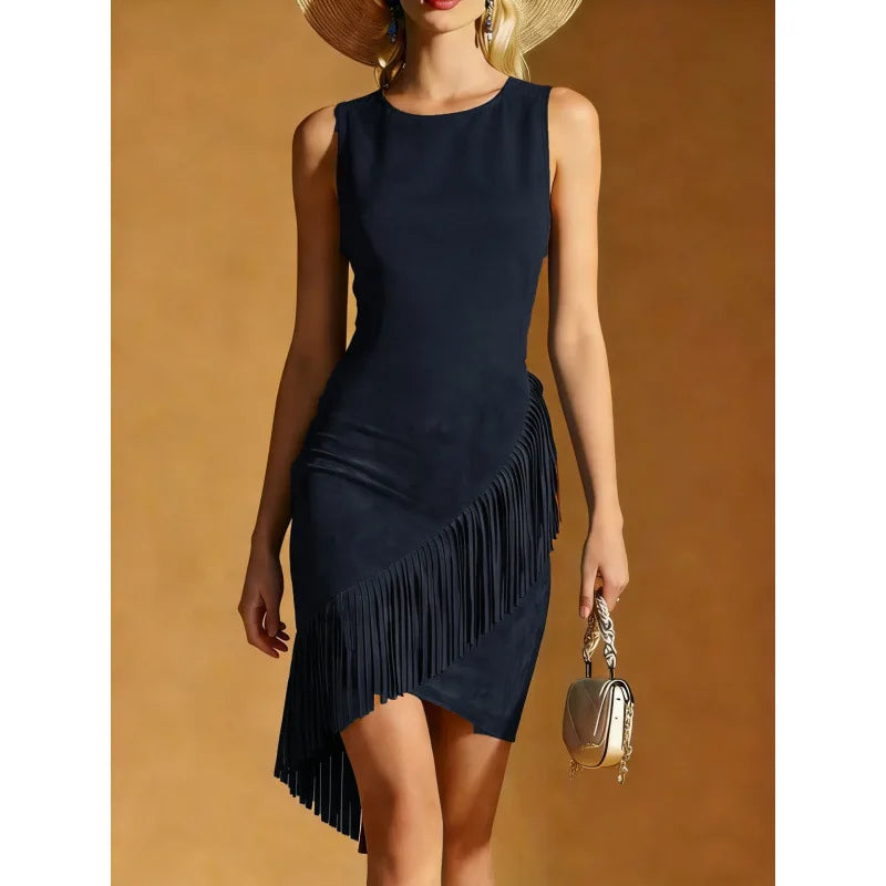 Sexy Tassel Temperament Dresses Fashion Round Neck Sleeveless Irregular Mini Dress Summer West Self-Cultivation Commuter Dress