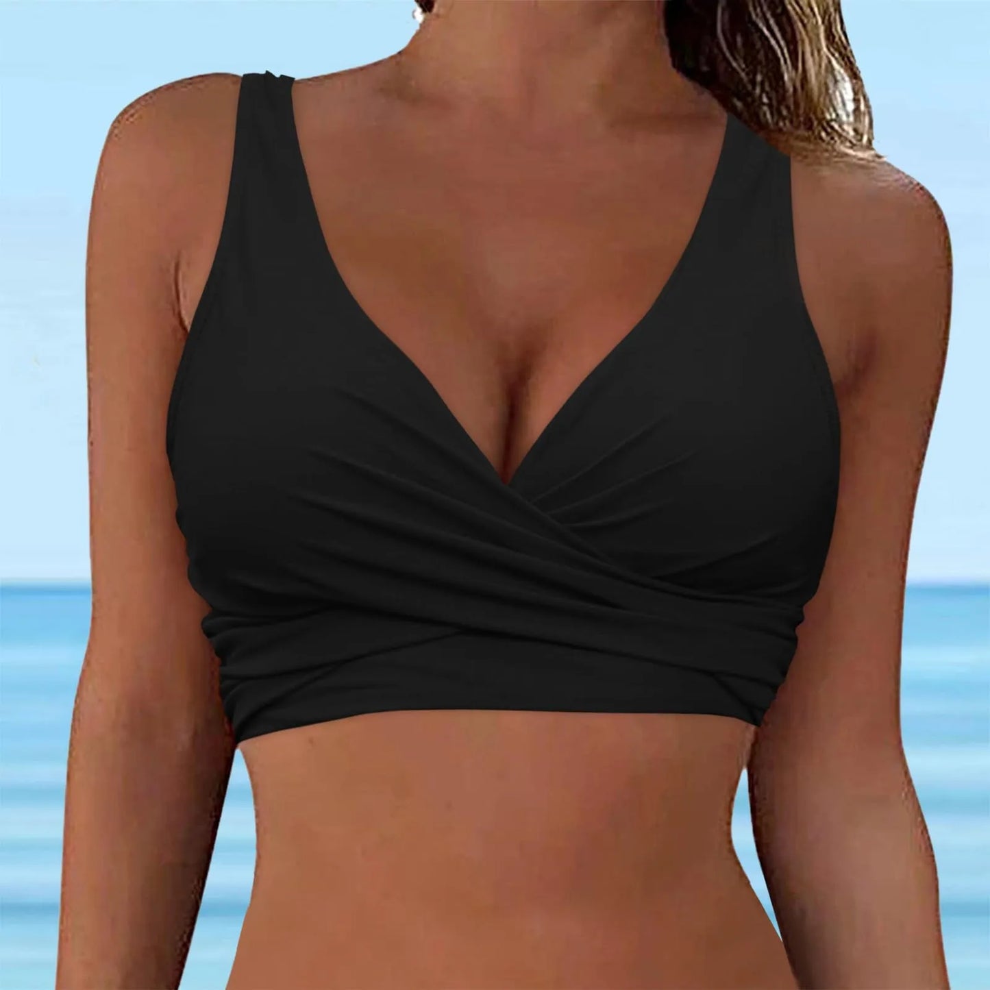 Women's new solid bikini top with Bandage shoulder straps cross small design adjustable shoulder straps fashion swimming top