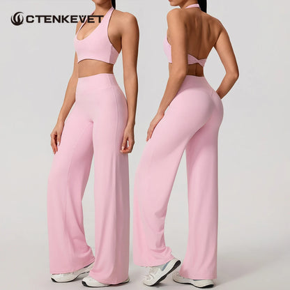 Summer 2Pcs Women's Quick-Dry Sports Set U-Neck Sports Bra Sleeveless Yoga Top Two-Piece Fitness Workout Set with Bell-Bottom