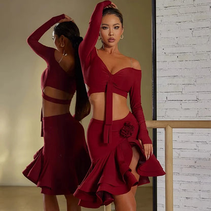 Latin Dance Tops Women Long Sleeves Tops Flower Split Skirt Rumba Samba Tango Dance Performance Wear Practice Dresses DNV19068