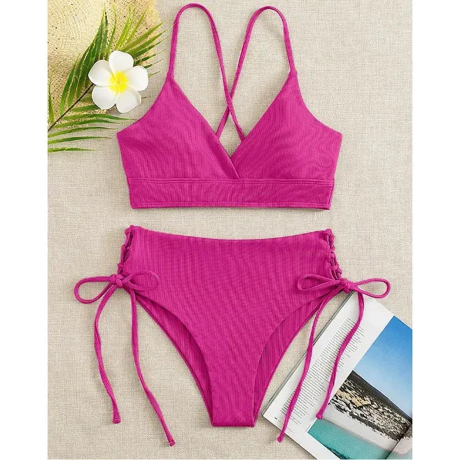 Cikini-V-Neck Split Bikini Set for Women, Sexy Swimsuit, Lace Up, Triangular Bikinis, Solid Color, Beach Swimwear, Bathing Suit
