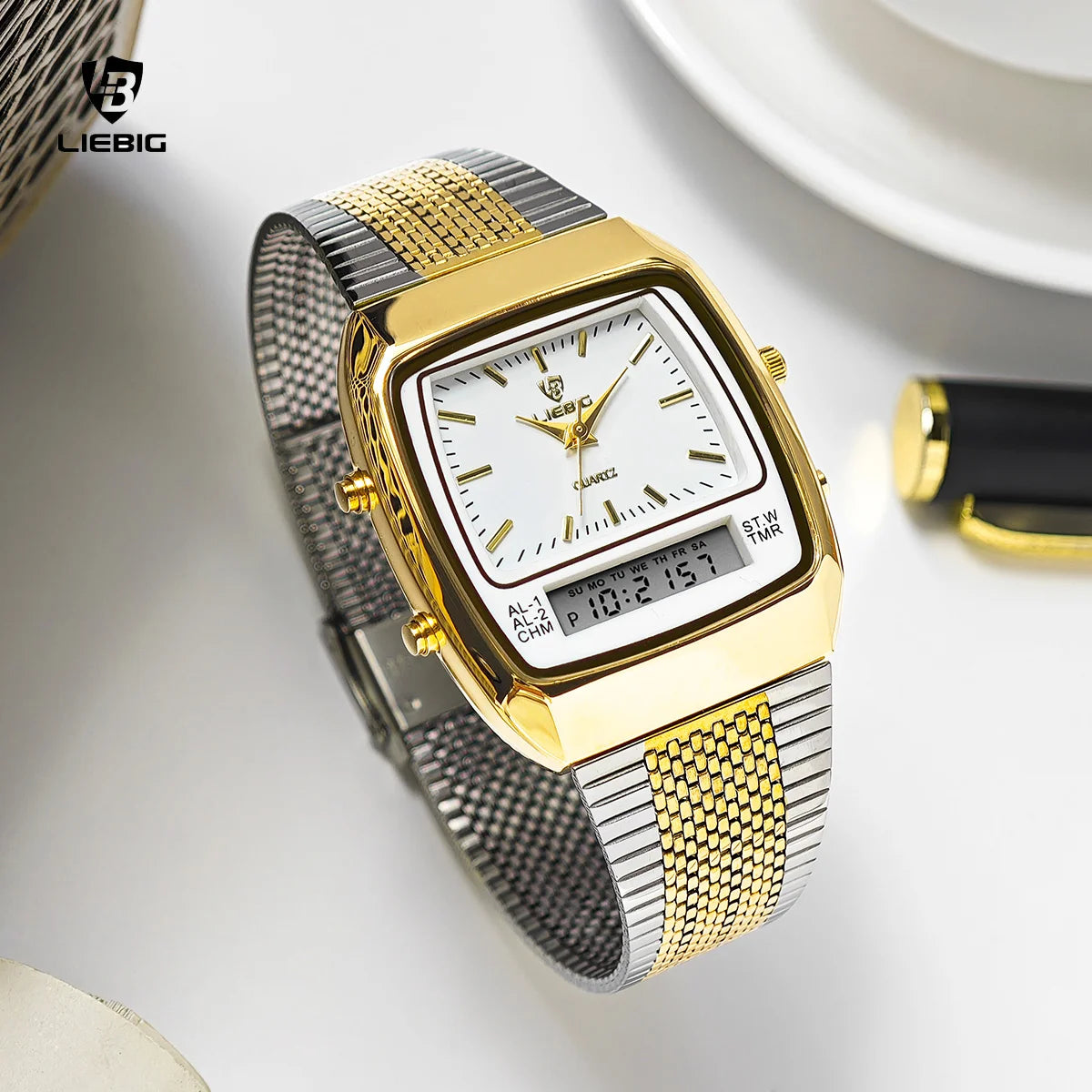 LIEBIG Luxury Dual Display Time Quartz Watches For Men Women Fashion Outdoor Sports Week Waterproof Digital Wristwatches Relojes