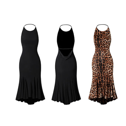 Sexy Leopard Print Backless Latin Dance Dress For Women Black Sleeveless Latin Dress Halter Ballroom Competition Dresses SL5400
