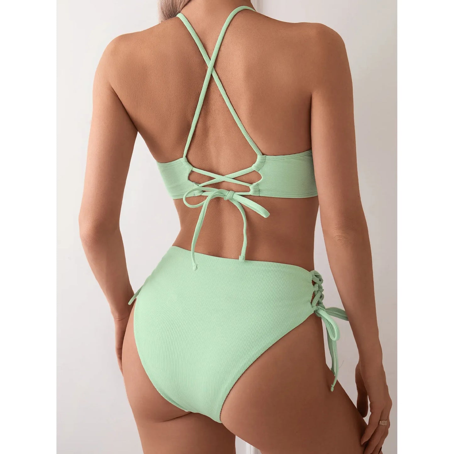 Cikini-V-Neck Split Bikini Set for Women, Sexy Swimsuit, Lace Up, Triangular Bikinis, Solid Color, Beach Swimwear, Bathing Suit