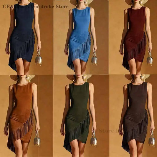 Sexy Tassel Temperament Dresses Fashion Round Neck Sleeveless Irregular Mini Dress Summer West Self-Cultivation Commuter Dress