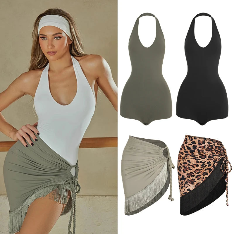 ZYM Latin Dance Clothes Adult Women Halter Neck Backless Bodysuit Adjustable Fringe Skirt Cha Cha Rumba Samba Dresses DNV23945
