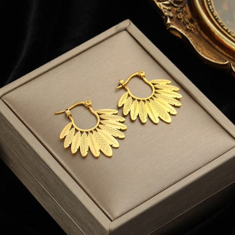EILIECK 316L Stainless Steel Gold Color Fan Geometric Bohemian Drop Hoop Earrings For Women Charm Ear Pendant Jewelry Party Gift