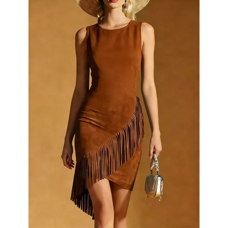 Sexy Tassel Temperament Dresses Fashion Round Neck Sleeveless Irregula – Too Beautiful You