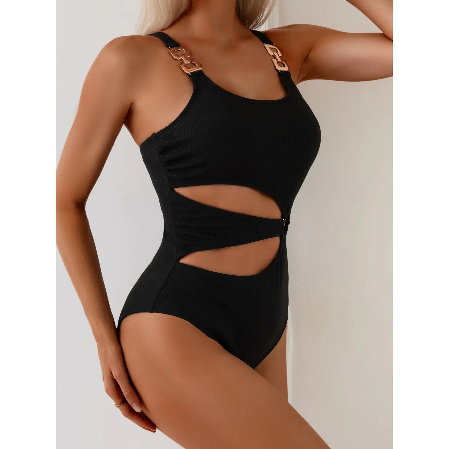 Sexy Black Swimwear Women 2026 Metal Chain Strap Hollow Out Slim Tummy Control Monokini Beach Bathing Suit One Piece Swimsuit