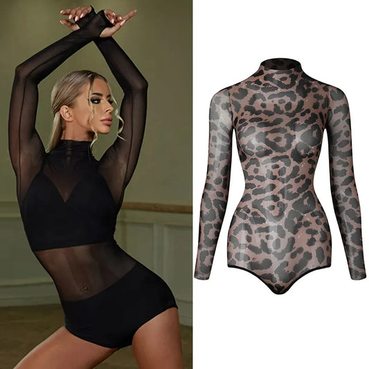 New See-Through Mesh Latin Dance Tops Women Long Sleeves Black Leopard Bodysuit Adult Practice Wear Rumba Dance Clothes DNV18538