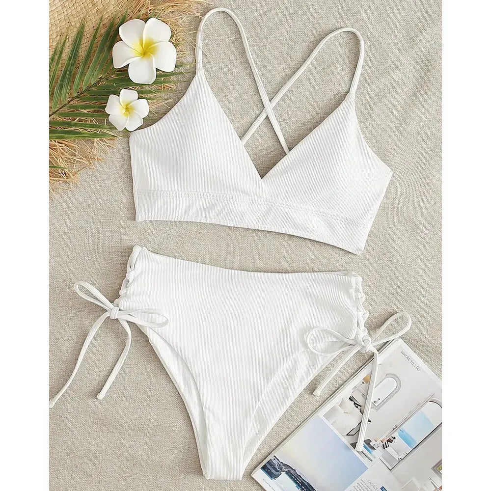 Cikini-V-Neck Split Bikini Set for Women, Sexy Swimsuit, Lace Up, Triangular Bikinis, Solid Color, Beach Swimwear, Bathing Suit