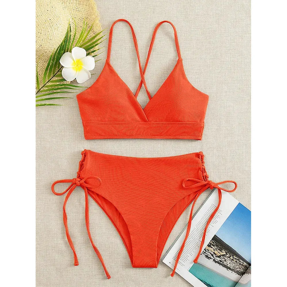 Cikini-V-Neck Split Bikini Set for Women, Sexy Swimsuit, Lace Up, Triangular Bikinis, Solid Color, Beach Swimwear, Bathing Suit