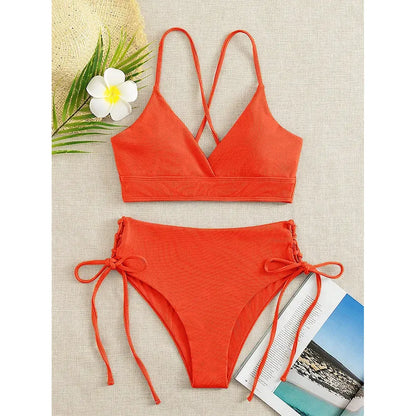 Cikini-V-Neck Split Bikini Set for Women, Sexy Swimsuit, Lace Up, Triangular Bikinis, Solid Color, Beach Swimwear, Bathing Suit
