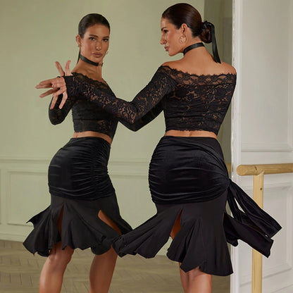 2023 Black Lace Latin Dance Tops Long Sleeves Women Practice Clothes Irregular Skirt Cha Cha Rumba Tango Dance Dresses DNV18946