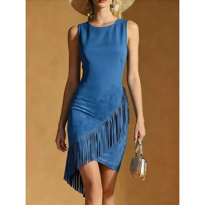 Sexy Tassel Temperament Dresses Fashion Round Neck Sleeveless Irregular Mini Dress Summer West Self-Cultivation Commuter Dress