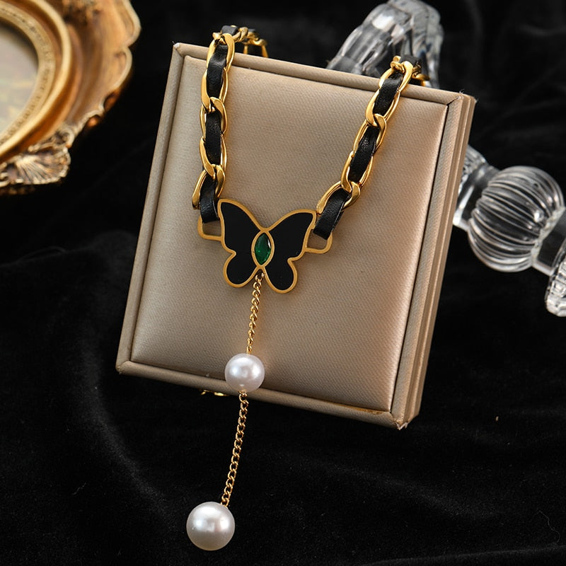 EILIECK 316L Stainless Steel Pearl Zirconia Tassel Pendant Necklace For Women Trendy Fashion Chain Choker Girls Jewelry Gifts