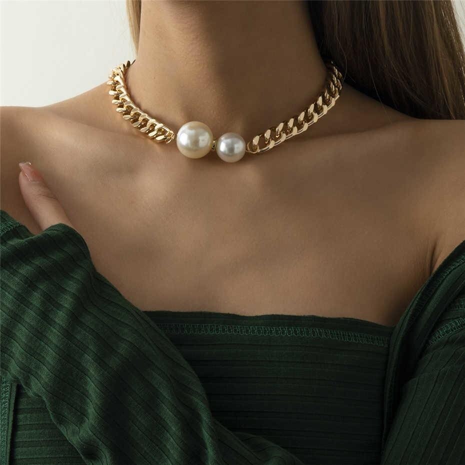 European and American Fashion Smooth Cuban Chains Necklaces Women Gothic Round Pearl Pendant Necklace Girl Choker Jewellery Gift
