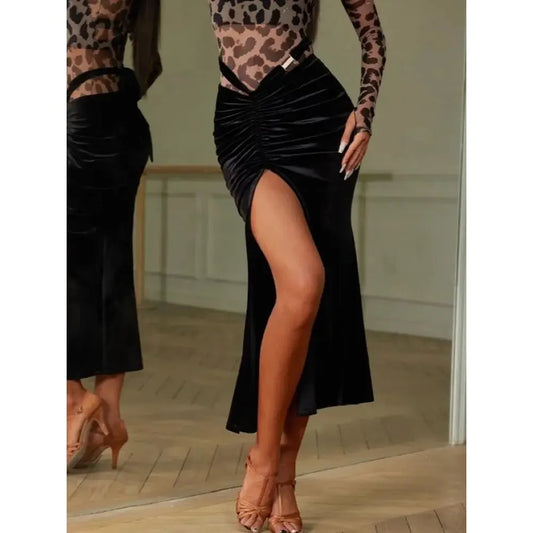 ZYMdancestyle Autumn New Latin Dance Long Skirt Stretchy Velvet Fishtail  Length Adjustable Belt Tranining Practice Wear   #2379