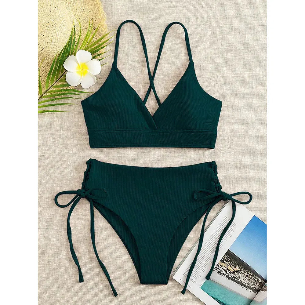 Cikini-V-Neck Split Bikini Set for Women, Sexy Swimsuit, Lace Up, Triangular Bikinis, Solid Color, Beach Swimwear, Bathing Suit
