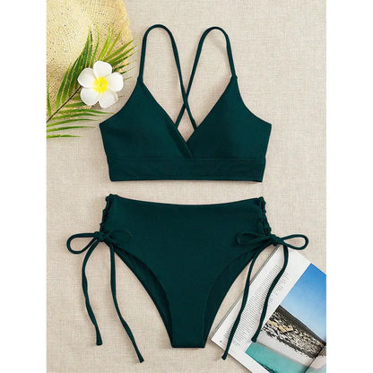 Cikini-V-Neck Split Bikini Set for Women, Sexy Swimsuit, Lace Up, Triangular Bikinis, Solid Color, Beach Swimwear, Bathing Suit