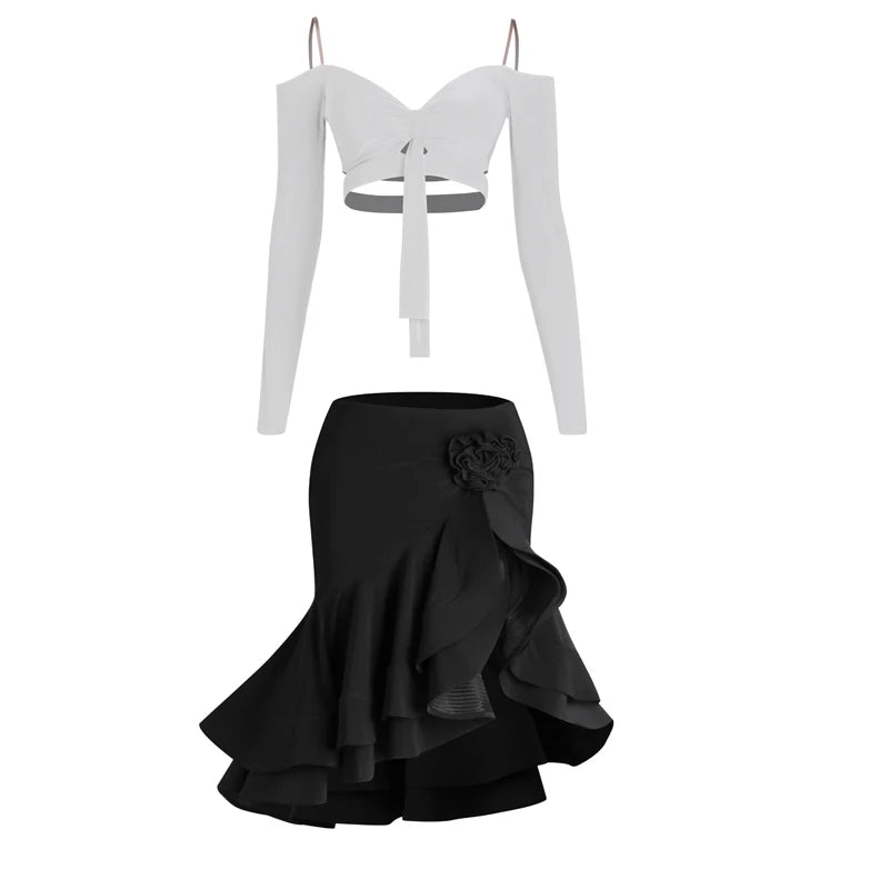 Latin Dance Tops Women Long Sleeves Tops Flower Split Skirt Rumba Samba Tango Dance Performance Wear Practice Dresses DNV19068
