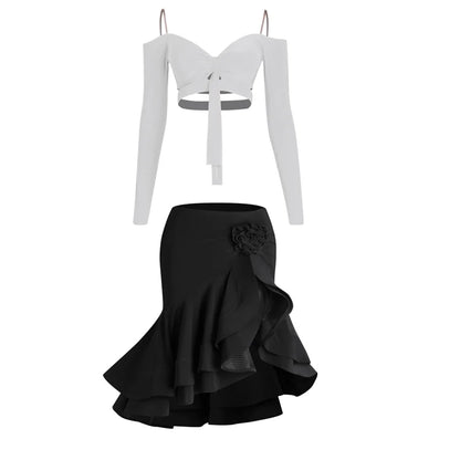 Latin Dance Tops Women Long Sleeves Tops Flower Split Skirt Rumba Samba Tango Dance Performance Wear Practice Dresses DNV19068