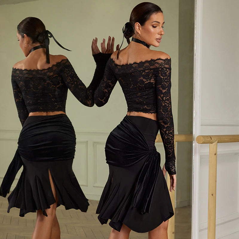 2023 Black Lace Latin Dance Tops Long Sleeves Women Practice Clothes Irregular Skirt Cha Cha Rumba Tango Dance Dresses DNV18946