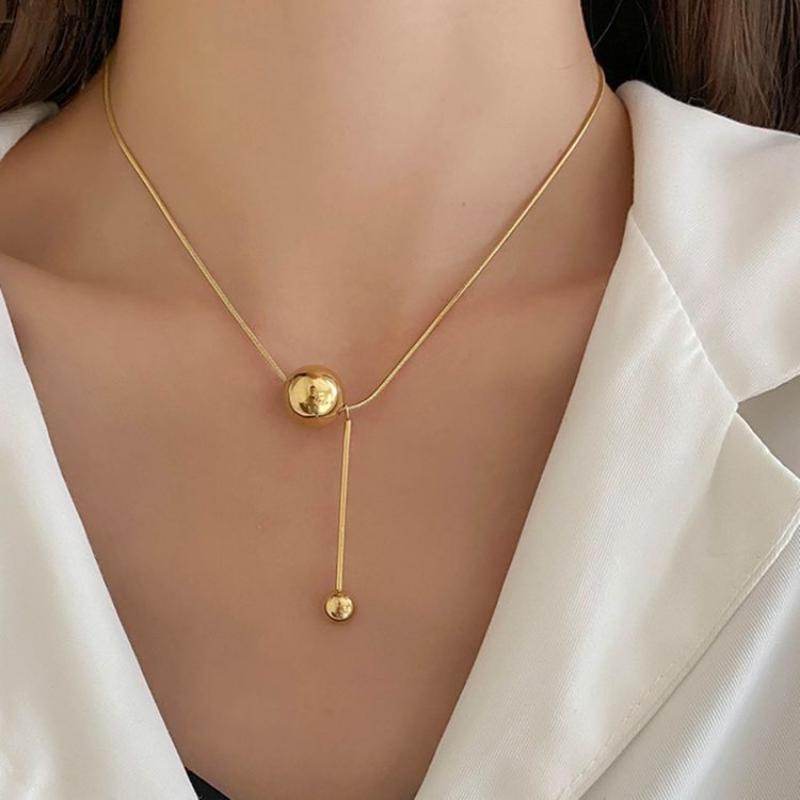 Korean Stainless Steel Large Ball Tassel Necklace Stackable Creative Sliding Geometric Ball Match Pendant Clavicle Chain Jewelry