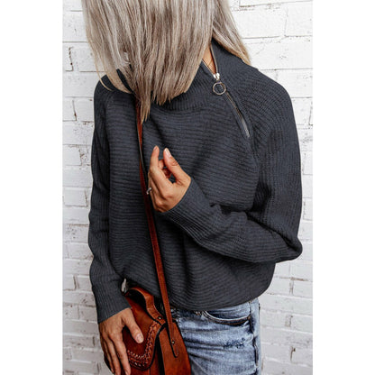 Gray Zip Knitted High Neck Sweater