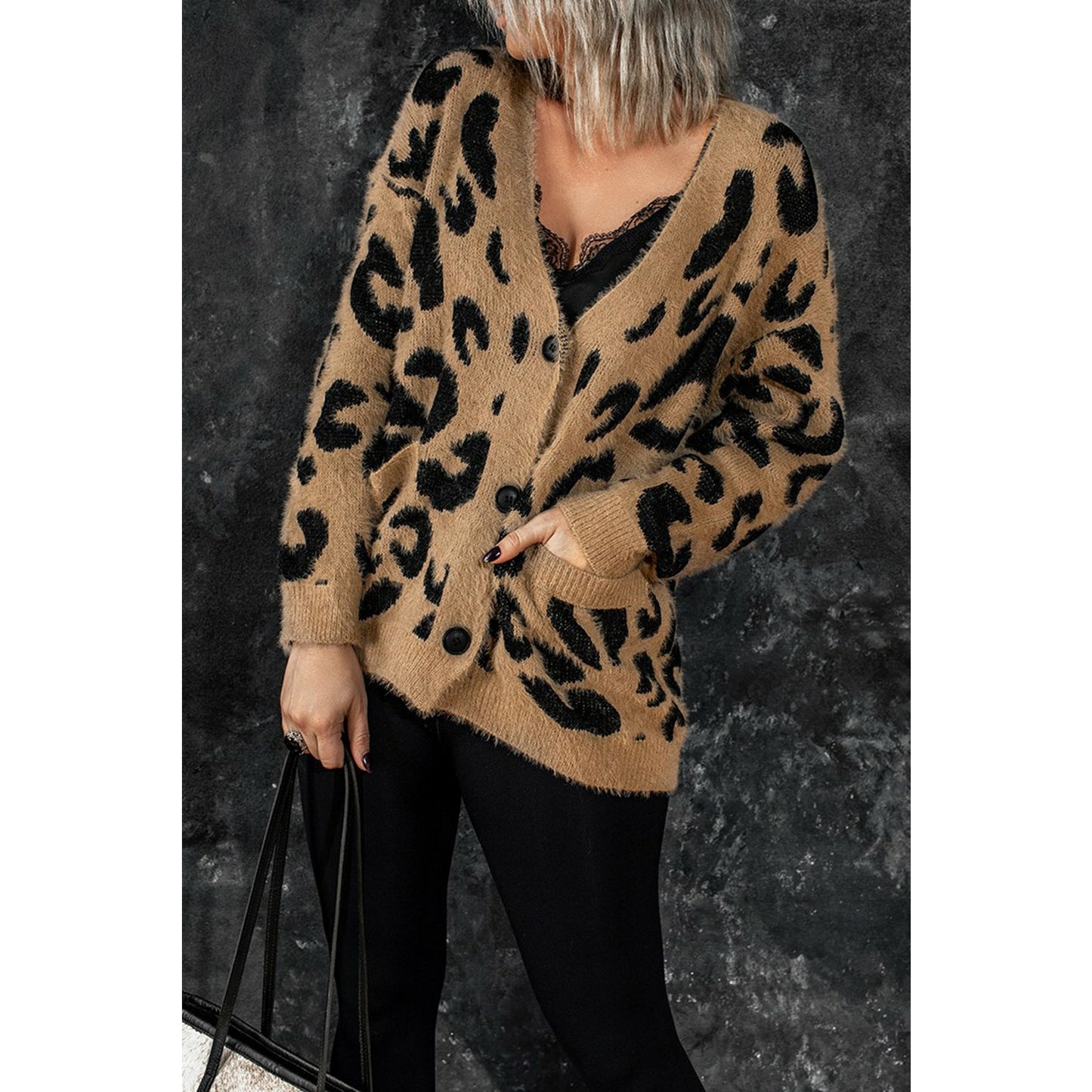 Leopard V Neck Buttons Sweater Cardigan with Pockets