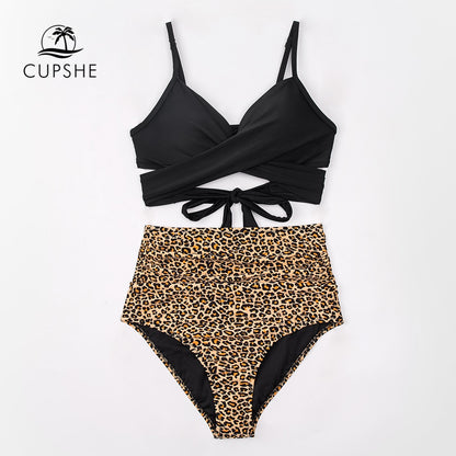 CUPSHE Push Up High Waist Bikini Sets Swimsuit For Women Sexy Black Leopard Lace Up Two Pieces Swimwear 2022 Beach Bathing Suits