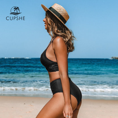 CUPSHE Solid Black Twist High Waist Bikini Sets Swimsuit For Women Sexy V-neck Tank Two Pieces Swimwear 2022 Beach Bathing Suit