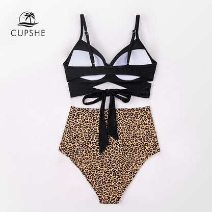 CUPSHE Push Up High Waist Bikini Sets Swimsuit For Women Sexy Black Leopard Lace Up Two Pieces Swimwear 2022 Beach Bathing Suits