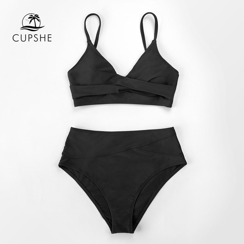 CUPSHE Solid Black Twist High Waist Bikini Sets Swimsuit For Women Sexy V-neck Tank Two Pieces Swimwear 2022 Beach Bathing Suit