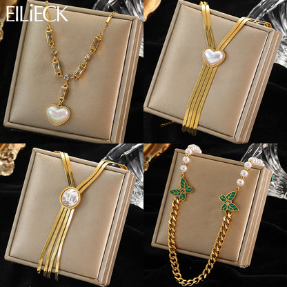 EILIECK 316L Stainless Steel Pearl Zirconia Tassel Pendant Necklace For Women Trendy Fashion Chain Choker Girls Jewelry Gifts