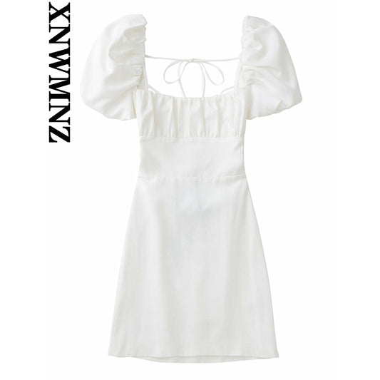 XNWMNZ women white fashion linen blend dress female square neck short puff sleeves backless crossover straps dress for women&#39;s