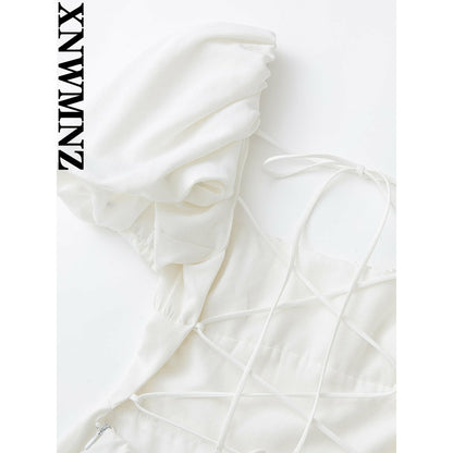XNWMNZ women white fashion linen blend dress female square neck short puff sleeves backless crossover straps dress for women&#39;s