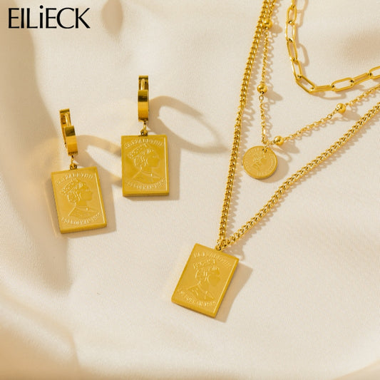 EILIECK 316L Stainless Steel Square Portrait Pendant Necklace Earrings For Women Luxury Design Gold Color Waterproof Jewelry Set