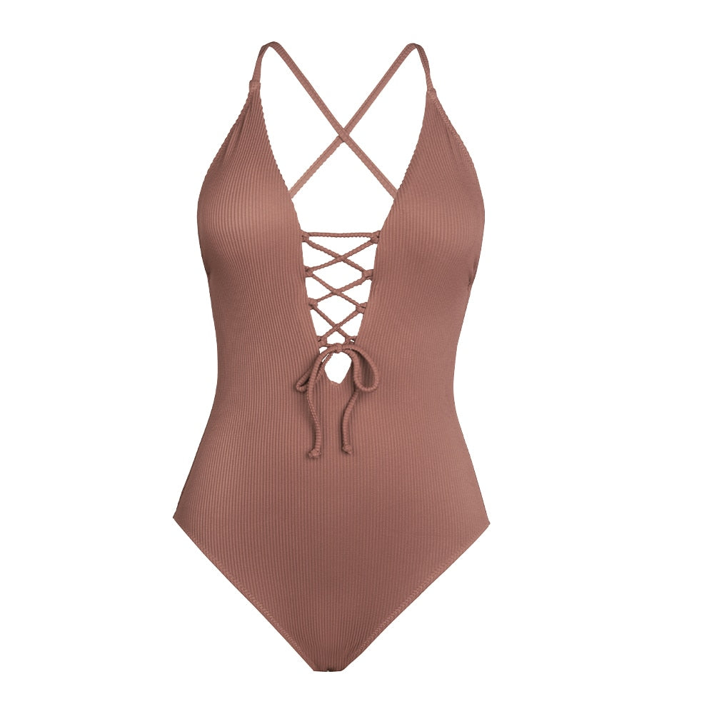 CUPSHE Remind Me Solid One-piece Swimsuit Women Backless Deep V neck Lace Up Sexy Bodysuits 2022 New Beach Bathing Suit Swimwear