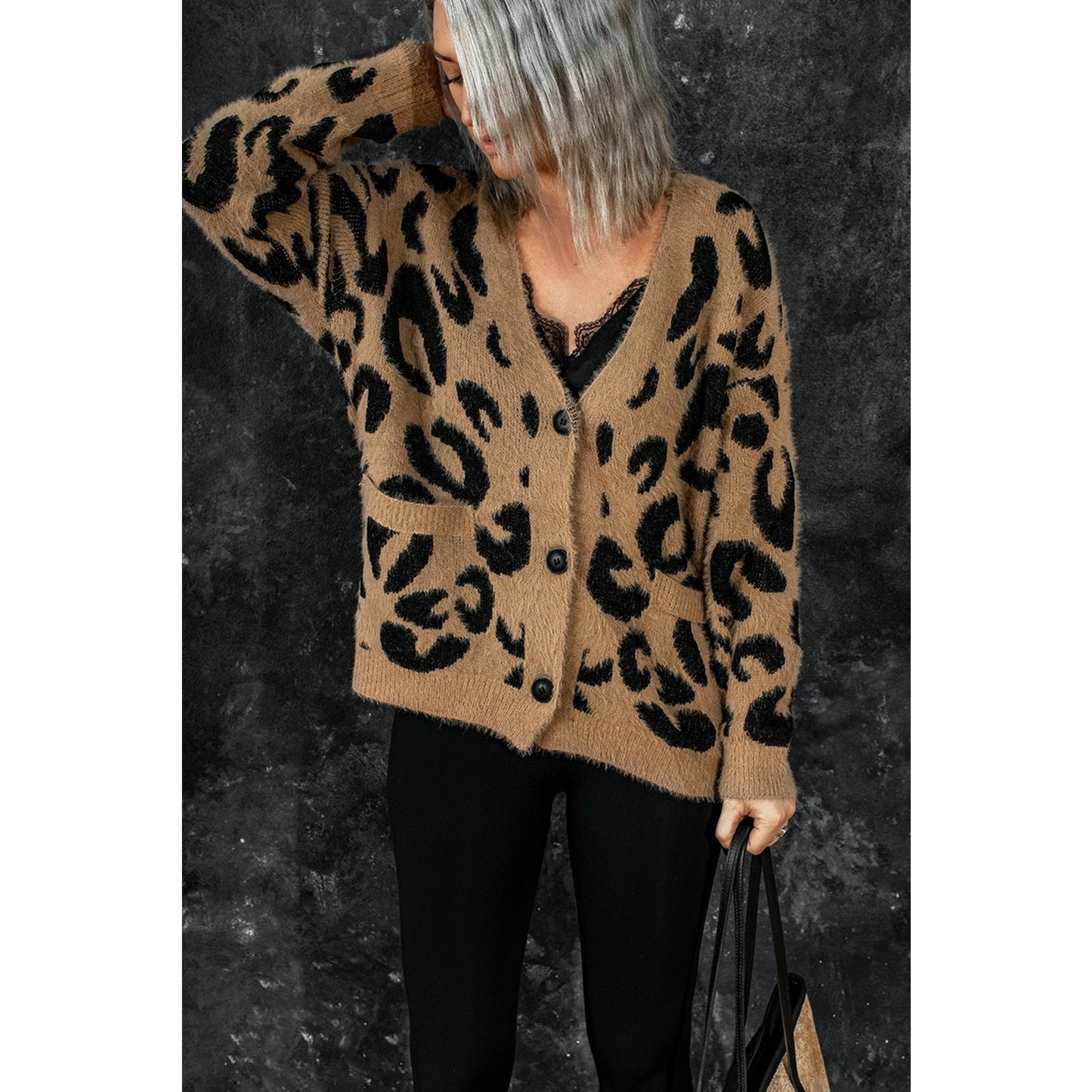 Leopard V Neck Buttons Sweater Cardigan with Pockets