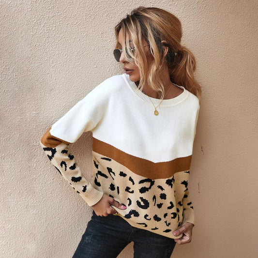 Fashion Leopard Patchwork Knitted Sweater