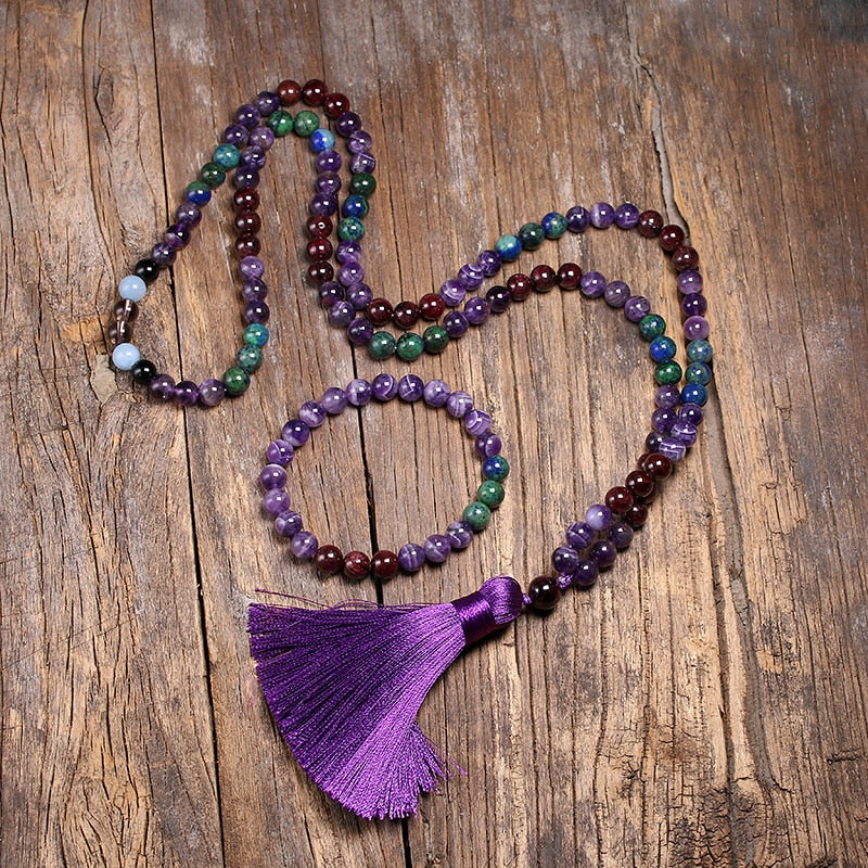 8mm Natural Garnet Necklace Chrysocola Azurite Bracelet Onyx Beads Jewelry Set, Meditation 108 Mala Handmade Tassel Yoga Gift